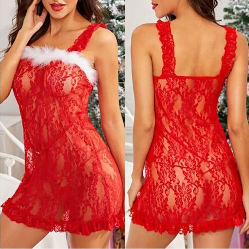 Women Sexy Christmas Lace Slips Chemise Sleepshirt Nightgown Dress Xmas Gift